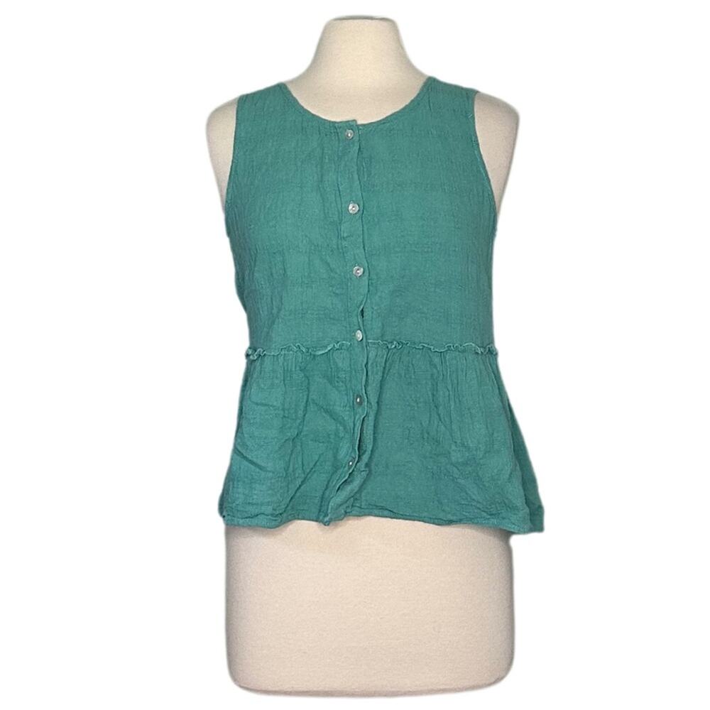 Sigrid Olsen Aqua Beachy Button Front Fit and Flare Muslin Texture Tank 101